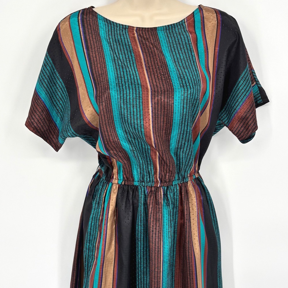Vintage Alison Peters Striped Midi Dress Teal Copper Black 80s Button Back Sz 10